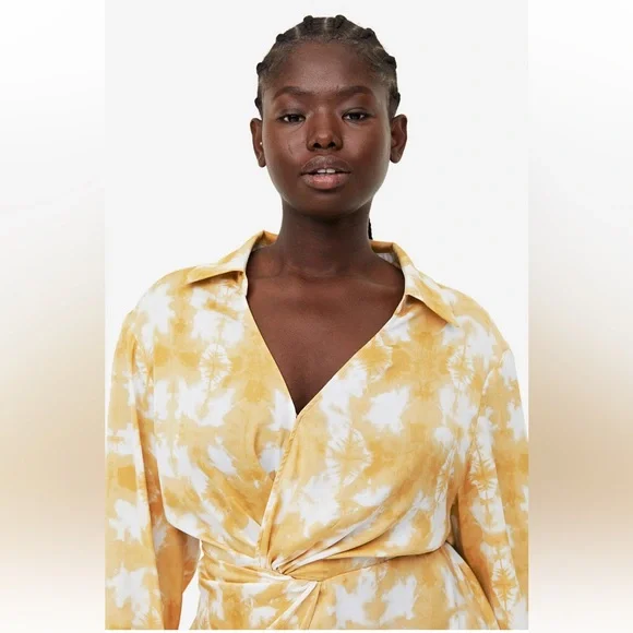 NWT H&M Twist Waist Midi Dress-Yellow/White Print-SOLD OUT Size XXL - Picture 2 of 7